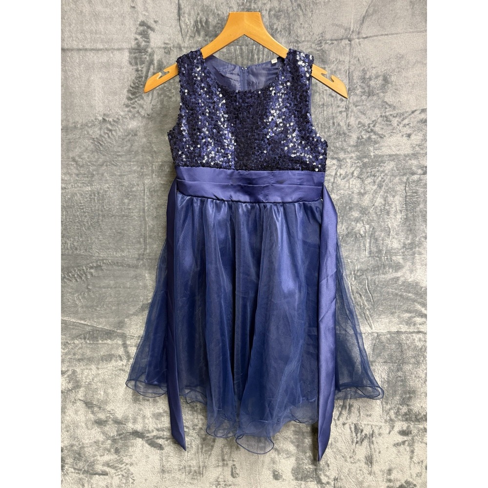 Girls Blue Sequin Fancy Dress Size 7/8 Christmas Holiday Dress Sleeveless 129